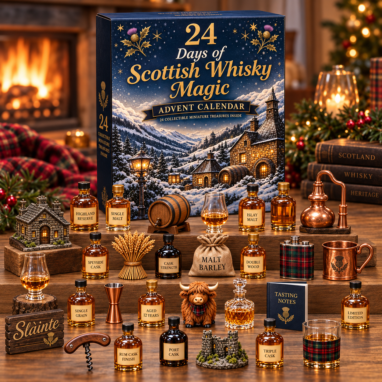Scottish whisky advent calendar in a home bar and study