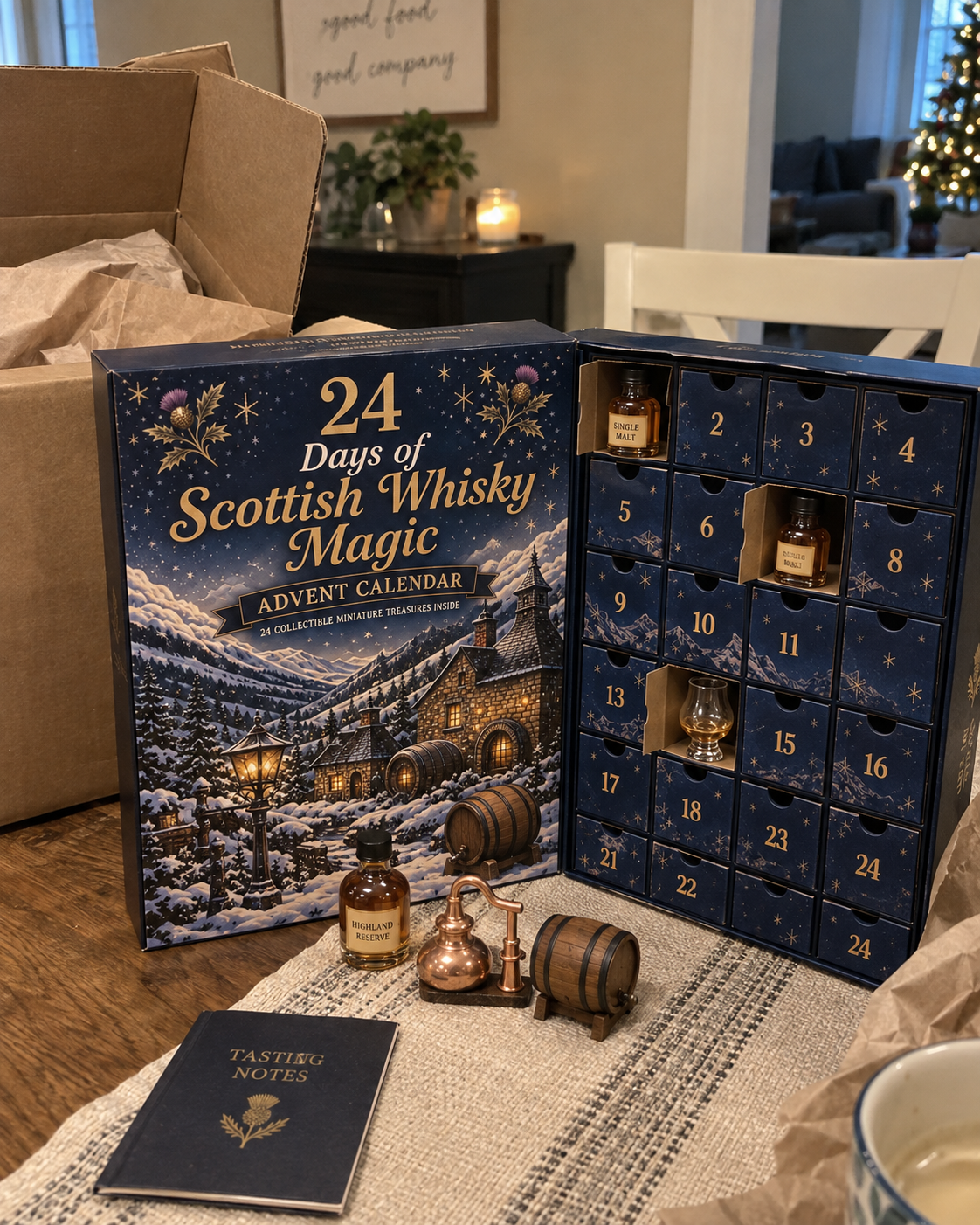 Woman holding Scottish whisky themed Christmas advent calendar
