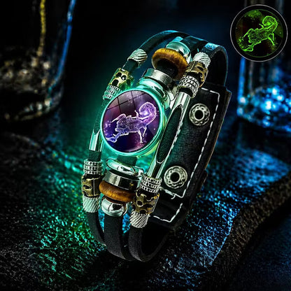 🎁 Buy 1, Get 1 FREE! Glow-in-the-Dark Leather Zodiac Sign Bracelet for Men & Women (6.9/8.1 inches) – Personalized Constellation Jewelry ✨♑️