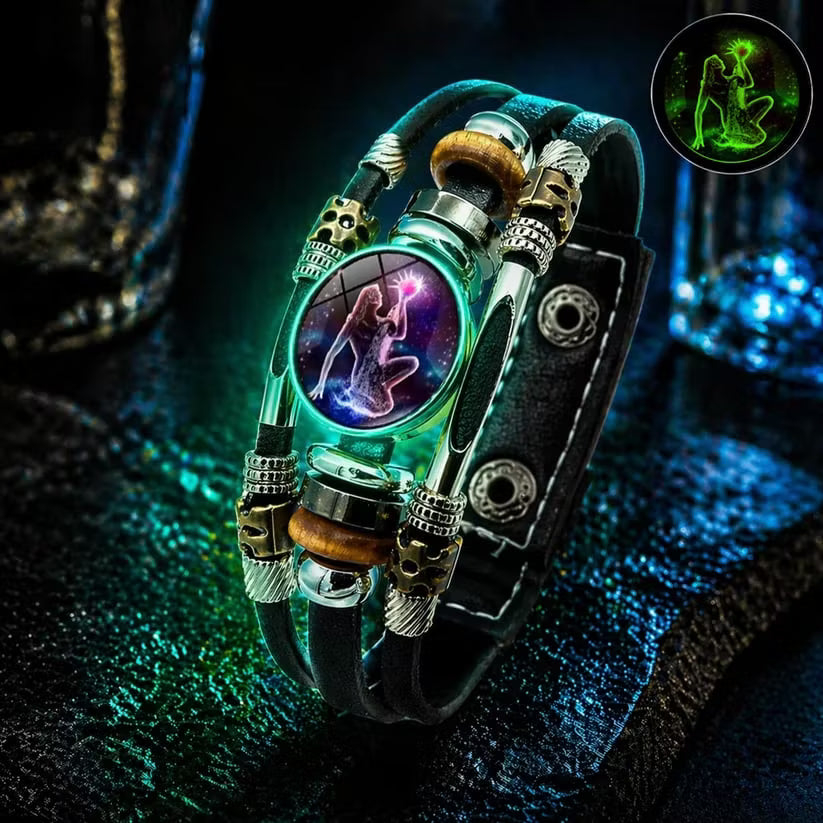 🎁 Buy 1, Get 1 FREE! Glow-in-the-Dark Leather Zodiac Sign Bracelet for Men & Women (6.9/8.1 inches) – Personalized Constellation Jewelry ✨♑️