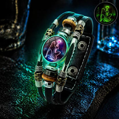 🎁 Buy 1, Get 1 FREE! Glow-in-the-Dark Leather Zodiac Sign Bracelet for Men & Women (6.9/8.1 inches) – Personalized Constellation Jewelry ✨♑️