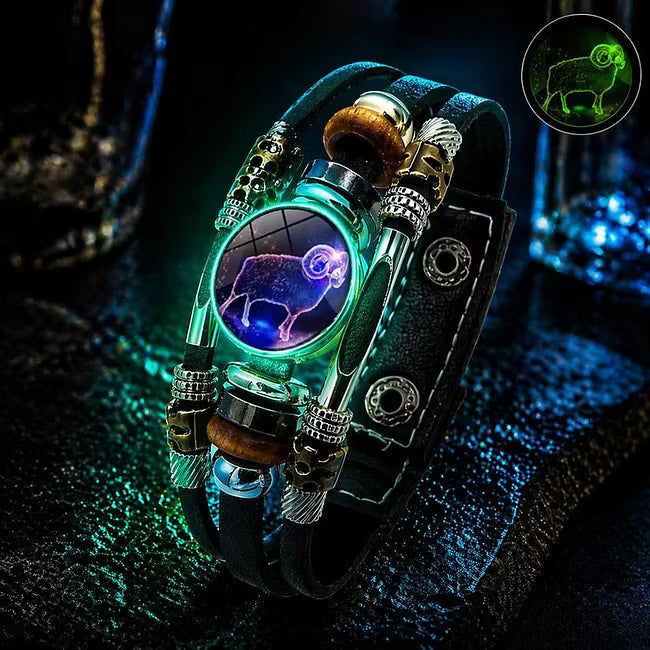 🎁 Buy 1, Get 1 FREE! Glow-in-the-Dark Leather Zodiac Sign Bracelet for Men & Women (6.9/8.1 inches) – Personalized Constellation Jewelry ✨♑️