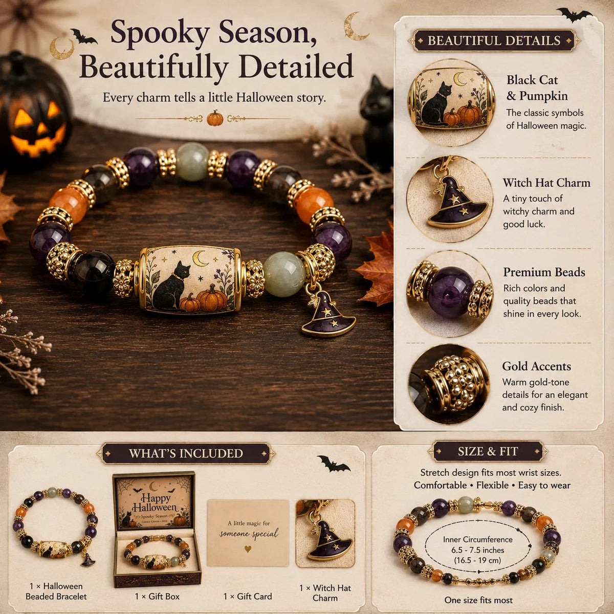 👻Limited Edition 2026 Halloween Black Cat Pumpkin Beaded Bracelet Gift Set🎁