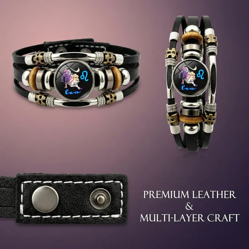 🎁 Buy 1, Get 1 FREE! Glow-in-the-Dark Leather Zodiac Sign Bracelet for Men & Women (6.9/8.1 inches) – Personalized Constellation Jewelry ✨♑️