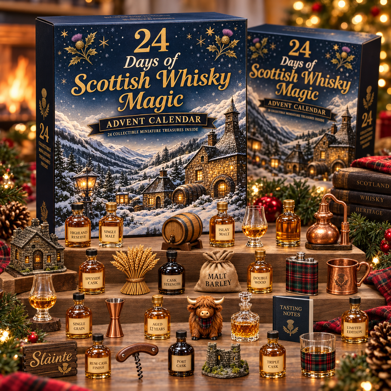 Whisky advent calendar displayed in a Christmas living room