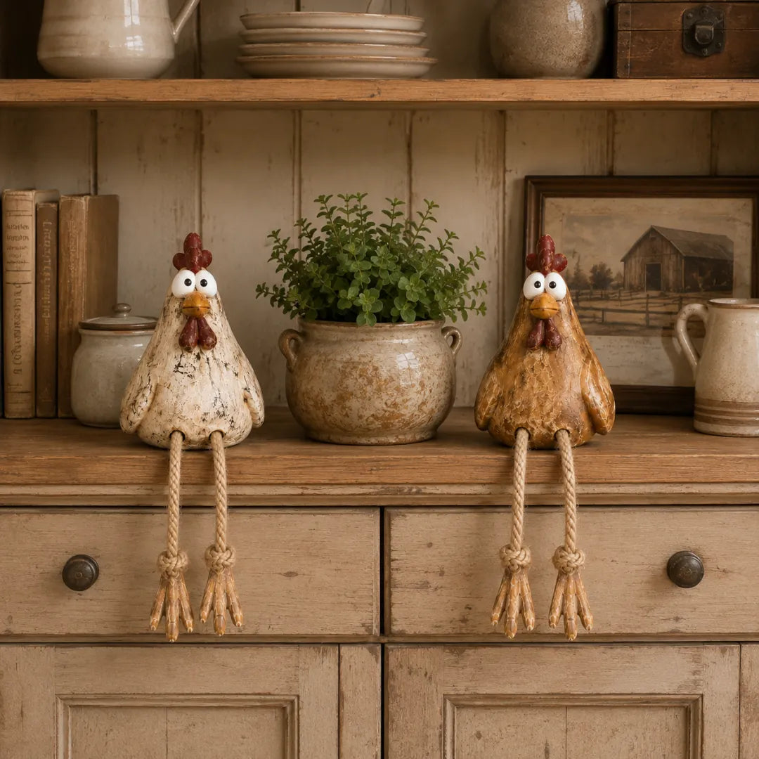Coordinated cream cottage goose figurine pair wearing bows and boots