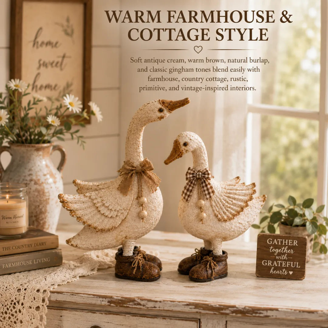 Goose pair styled on mantels shelves kitchen counters and entryway tables