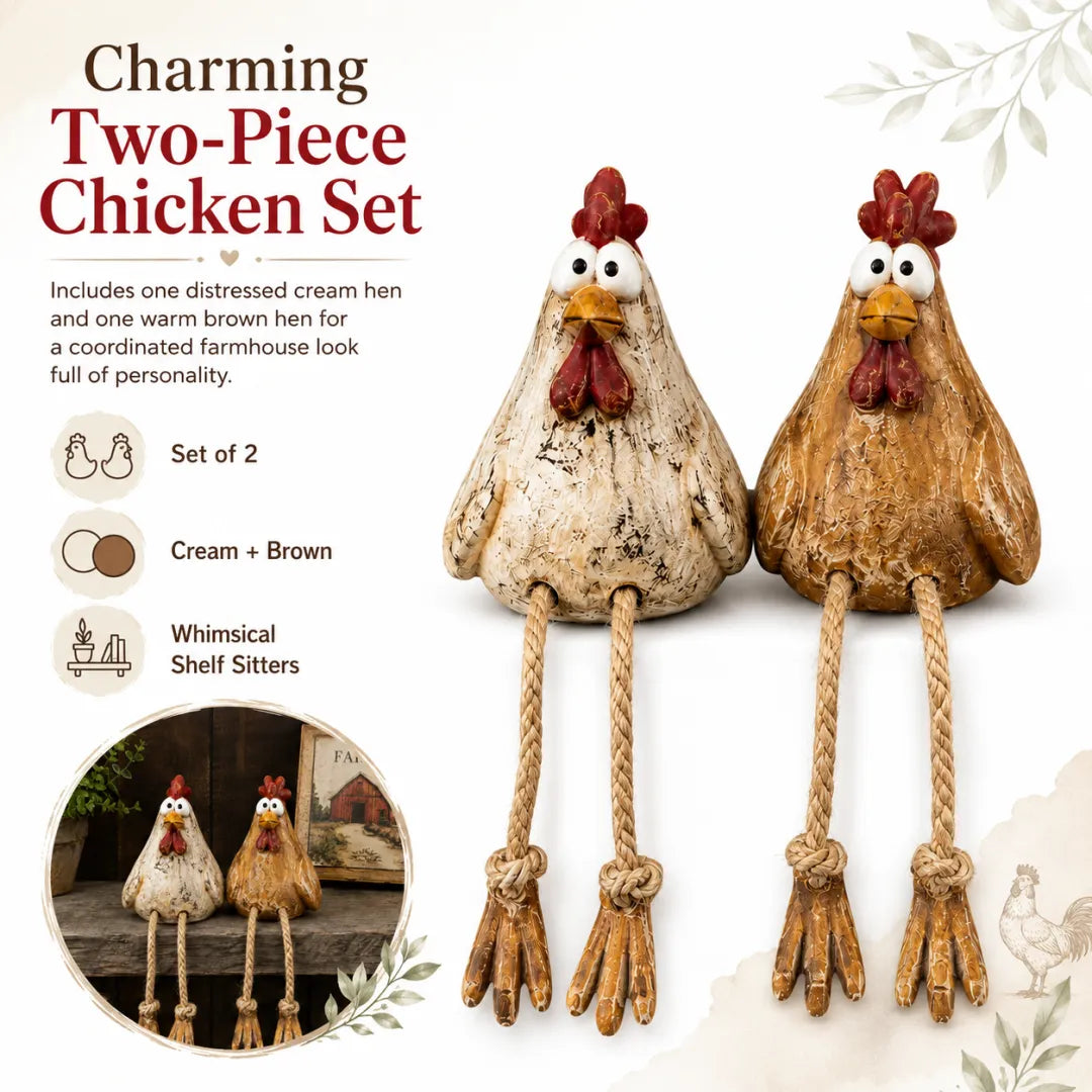 Chicken shelf sitters displayed separately on a rustic cabinet