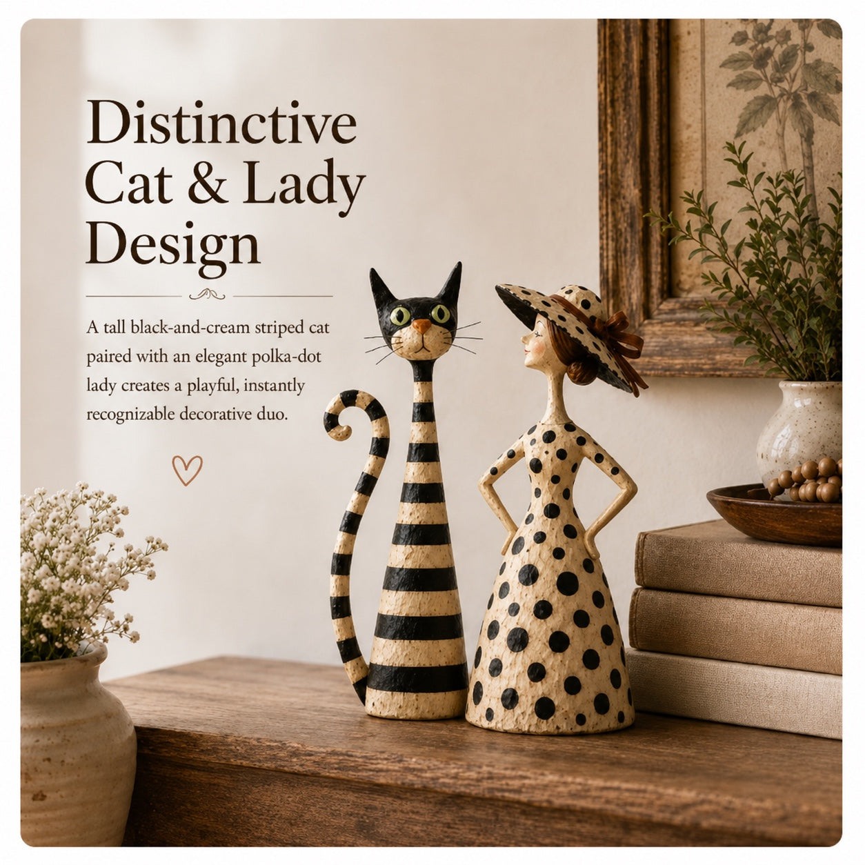 Cat and lady sculpture duo detail