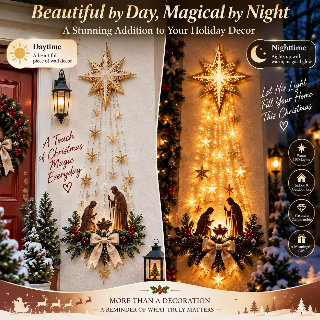 Bethlehem Star Nativity Wall Decor day and night comparison