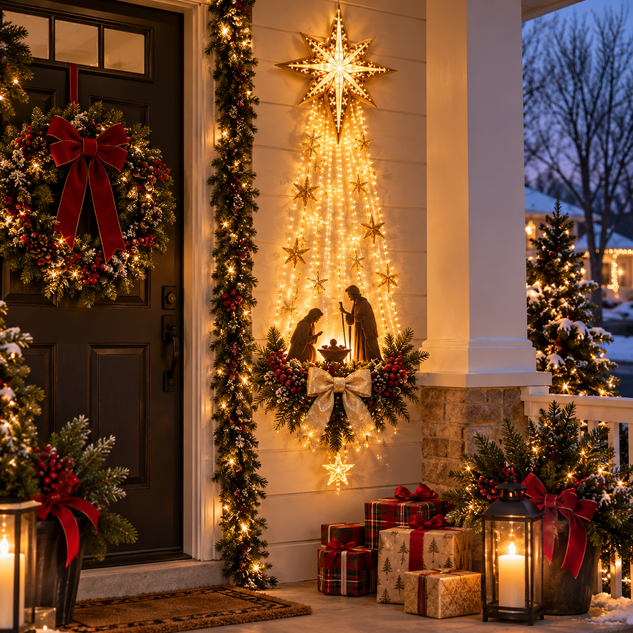 Warm Bethlehem Star Christmas porch display