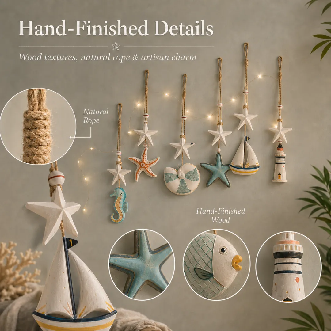Seaside wall hangings glowing indoors